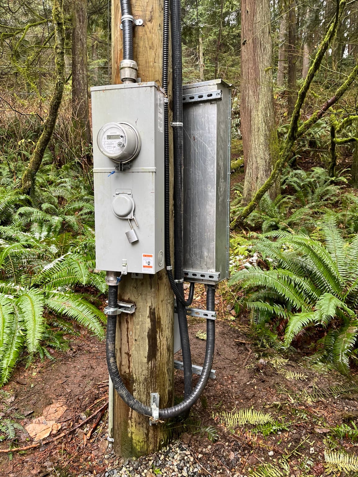 Meter, service enclosure and pole-mounted electrical work installed by Artech Electric.